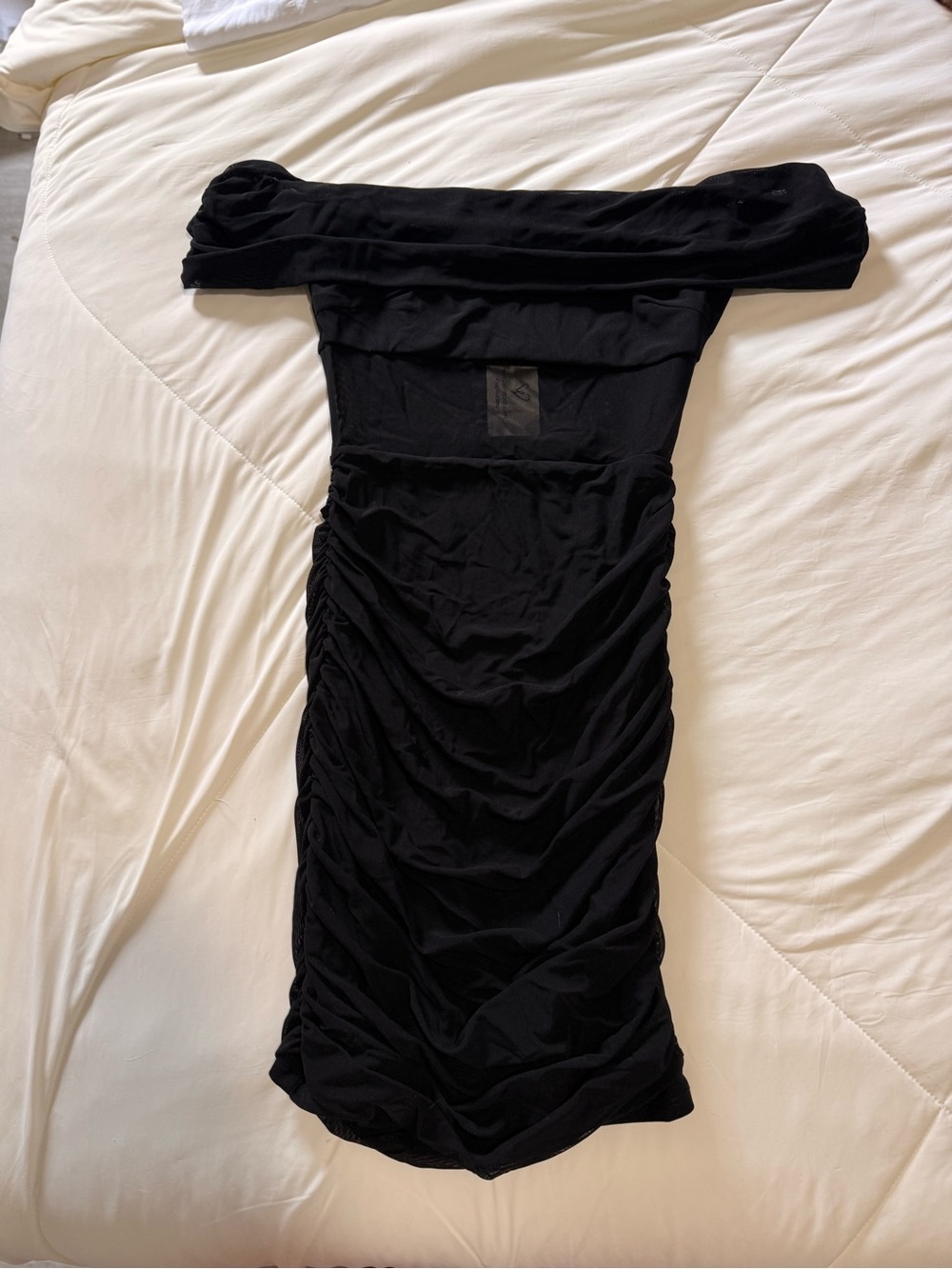 Windsor Black Off-Shoulder Ruched Shear Bodycon Dress